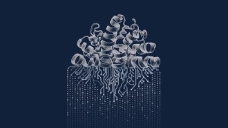 This gray illustration on a dark blue background shows the curlicues of proteins being translated into protein sequences. The proteins flow into what looks like computer network diagraming and then a rain of letters, to illustrate how AI can decode proteins.
