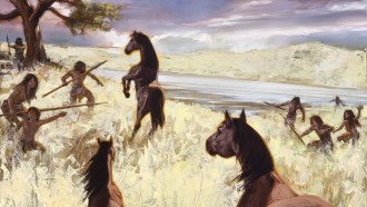 An artistic rendering of communal hunting, showing people with spears and horses.