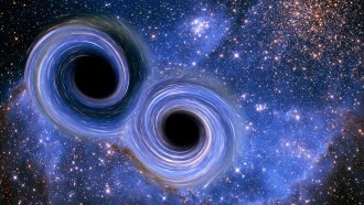 An image of space with two black holes on top warping the background image