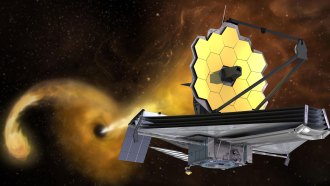 An illustration of the James Webb Space Telescope looking at a black hole with star matter spread in a disk around it.