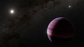 An illustration featuring a gas giant in the bottom right. In the upper left is Alpha Centauri A, and Alpha Centauri B is in the upper right.