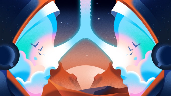 An illustration of silhouettes of two futuristic looking people facing each other. Their faces imply an Earthlike environment, with clouds and flying birds, while the background suggests a Mars environment with a red landscape.